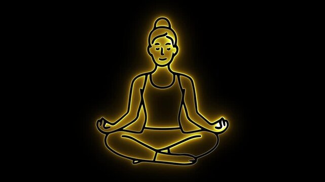 Glowing neon yoga. Meditation pose. Mindfulness art. Zen wellness icon. Amber light effect. Yoga studio decor. Digital spirituality. Peaceful exercise. Mental health art. Vibrant line work.
