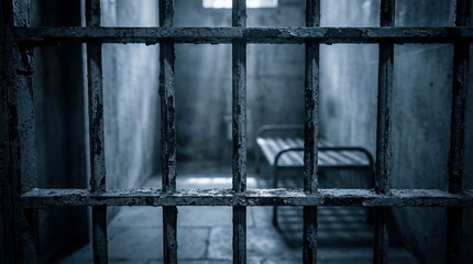 A dark, gloomy prison cell viewed through rusty metal bars, highlighting themes of confinement, despair, justice, and crime.