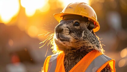 groundhog wearing safety helmet at a construction site portrait