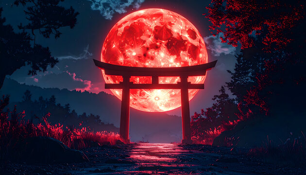 赤い月に照らされる無人の鳥居