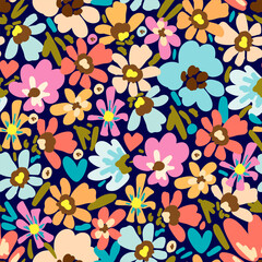 Bright floral vector seamless pattern. Multicolored flowers on a dark blue background. Print for summer clothes, dress, shirts.