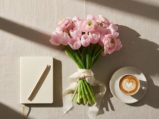 Elegant flat lay with a bouquet of pink tulips, a minimalist notebook, and a cup of coffee. Aesthetic spring morning concept for International Women's Day and lifestyle blog headers.