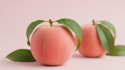 Fresh Peaches with Leaves on Pink Background Fruit Ripe Healthy Food. Concept featuring peach, fruit, fresh, ripe, leaves.