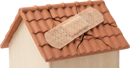Toy house roof repaired with bandage for safe house