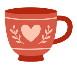 Red ceramic mug with pink heart and leafy branches, cozy and charming design, evokes warmth, love, and comfort, perfect for romantic or seasonal themes.