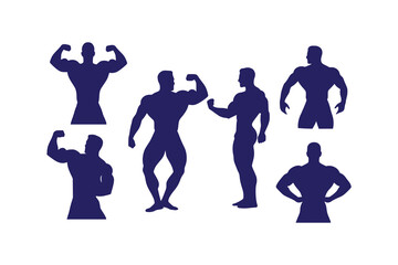 Bodybuilders silhouette vector set, muscular men posing, fitness, strength, bodybuilding competition, muscle growth, gym workout, athletic figure.