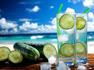 Refreshing Cucumber Drink on Tropical Beach with Ice and Ocean View