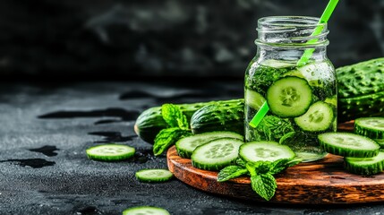 Refreshing Cucumber Mint Detox Water in Bottle with Slices on Dark Background