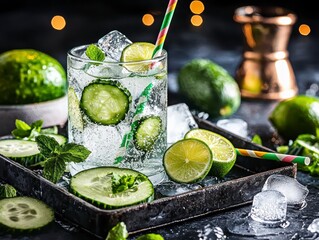 Refreshing Cucumber Lime Mint Drink with Ice, Bokeh Lights, and Dark Background