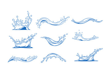 Water splash set. line art blue water drops, puddle, spray and waves. Nature object spatters, sputter, splashdown. Clean aqua motion concept. Vector design illustration