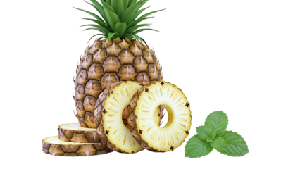 Pineapple slices and whole fruit with mint leaves on white background