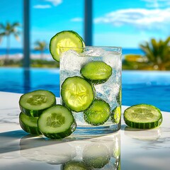 Refreshing Cucumber Drink with Ice by a Tropical Pool