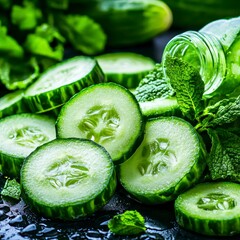 Fresh Cucumber Slices and Mint Leaves for Refreshing Detox Water and Healthy Lifestyle