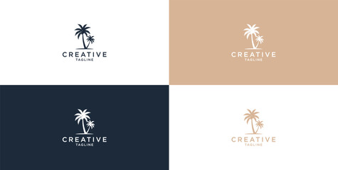 Naklejka premium Vector logo design template with palm tree - summer and vacation abstract badge and emblem for vacation rentals, travel services,