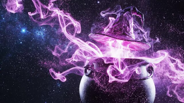 Magical witch cauldron brewing potion with glowing pink smoke and floating hat against starry night sky