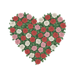 a bunch of roses forming a heart symbol, on a white background.