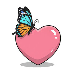 A butterfly perched on a pink heart symbol with a white background.