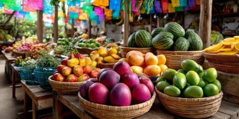 Colorful tropical fruits displayed at a mexican market stall enticing tourists