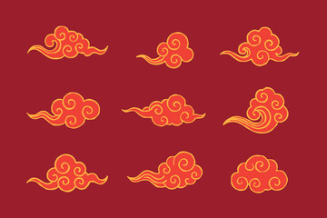 Oriental red clouds doodle set. Vector chinese curling cloudy elements. Hand drawn traditional Asian festive decorative ornaments, gold linear cloud shape, wind and sky sticker design