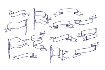 Ribbons linear hand drawn set. Vintage ribbon flags. Doodle empty banners, decorative text header, scroll frame, title for lettering. Vector sketch outline medieval decor elements design