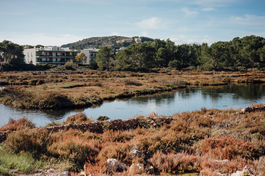 La Gola wetlands with reflective water and town edge, Port de Pollen&ccedil;a