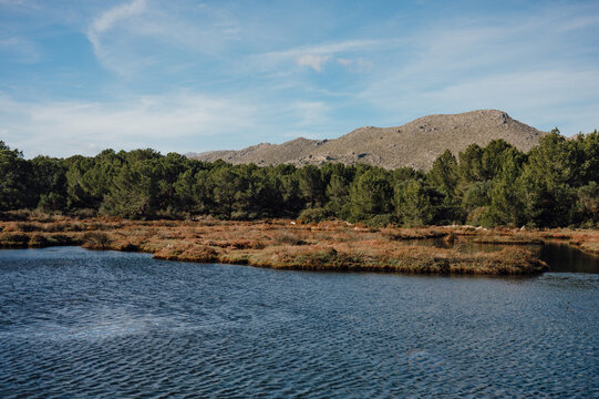 Lagoon and mountains at La Gola nature reserve, Port de Pollen&ccedil;a