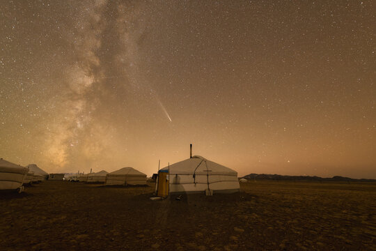 Night scene of the Milky Way over Mongolian yurts,Western Mongol