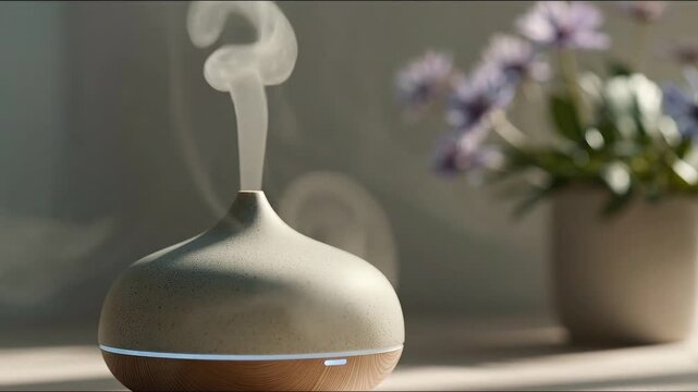 Aroma Diffuser with Lavender: An elegantly designed aroma diffuser gently releases fragrant steam, surrounded by the delicate beauty of lavender. Enhancing tranquility and serenity in the atmosphere.