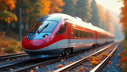 Fototapeta premium Modern train traveling along tracks in autumn landscape 