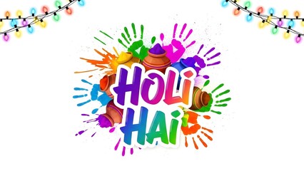 Vibrant happy holi celebration background with colorful text and paint splatters
