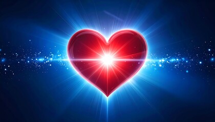 A vibrant red heart radiates light on a dark blue background
