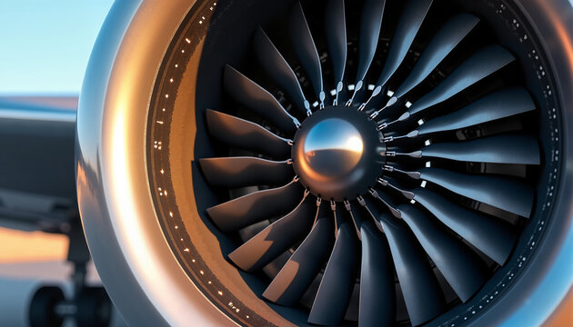 Aircraft jet engine close-up showcasing turbine blades and details  