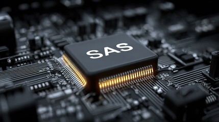 Macro Detailed Computer SAS Microchip on Motherboard for Technological Advancement