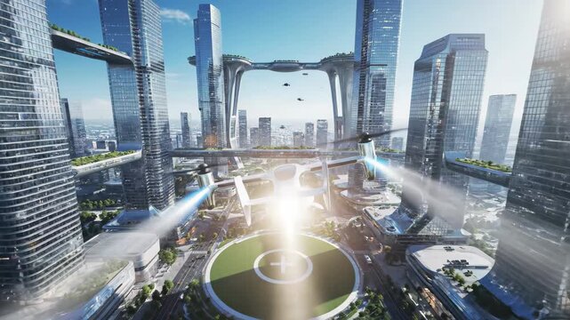 Futuristic evtol aircraft landing in a modern city with skybridges and green spaces