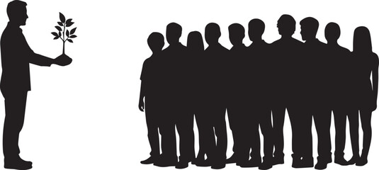 Man holding plant giving to group vector silhouette illustration line art
