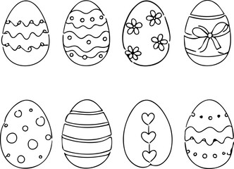 Eight decorative Easter eggs in line style