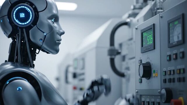 Humanoid Robot Operating a Complex Industrial Control Panel and Adjusting Settings in a High-Tech Automated Factory Environment
