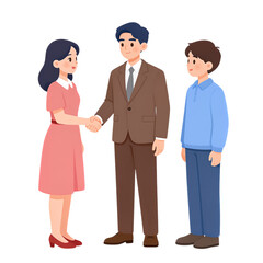 Obraz premium Cartoon man shaking hands with a woman and a boy