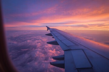 Obraz premium The view of an aeroplane wing in flight at sunset.