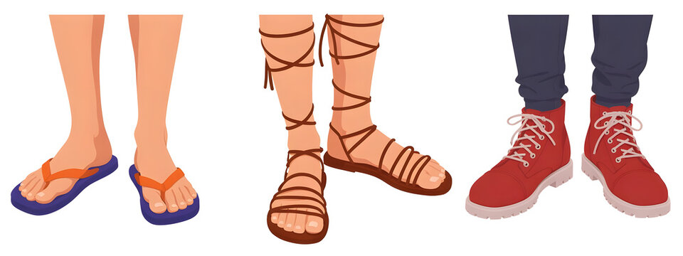 Minimalist Footwear Illustration Showing Flip-Flops, Gladiator Sandals, and Combat Boots