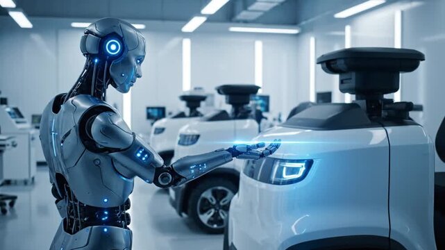 Advanced Humanoid Robot Inspecting Autonomous Electric Vehicle Prototype in Clean High-Tech Laboratory and Manufacturing Facility