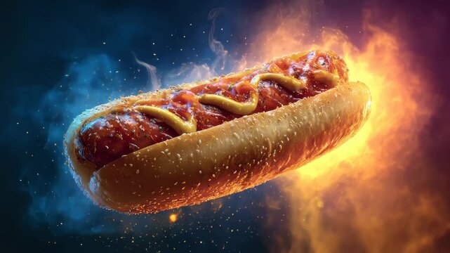 Hot dog with mustard floating in fire and smoke on dark background during evening time
