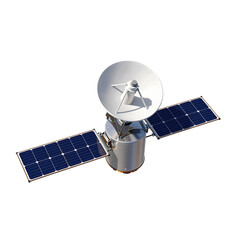 Communication satellite with solar panels and dish antenna