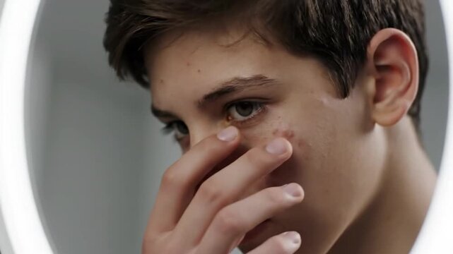 Young person's face, close up, looking into mirror