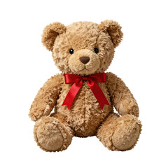 Obraz premium Cute teddy bear with red ribbon sitting upright