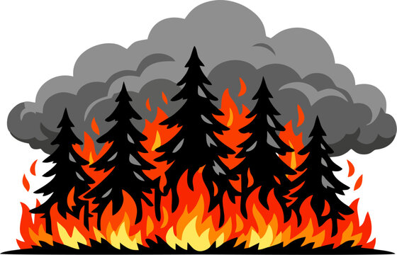 Flat Cartoon Vector Forest Fire Scene, Black Silhouette Pine Trees with Expansive Orange Flame Base and Crowning Gray Smoke Clouds