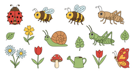 Colorful Cartoon Insects and Garden Elements.