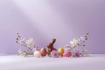 Happy Easter 2026. Minimalist studio photo. Chocolate Easter bunny, Easter eggs, and delicate spring flowers. Soft studio lighting creates a sense of purity and airiness.