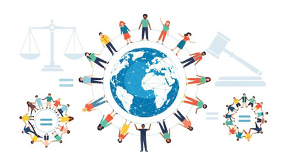 Diverse people unite around the globe for equality and justice symbolizing fairness and human rights