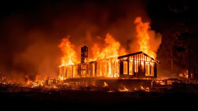 Fire consumes a wooden structure in a rural area during the night hours with flames rising high and smoke billowing into the sky